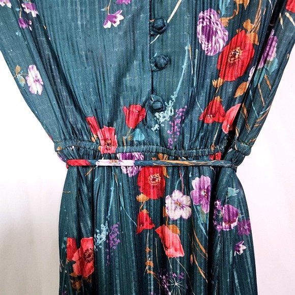 Vintage 70s Shimmer Floral Pleated Dress Cottagecore Fairycore Coquette Midi - Picture 5 of 11